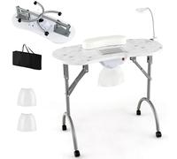 HOMASIS Mesa de Manicura con Aspiradora, Mesa de Uñas Plegable con Iluminación LED Ajustable, 3 Bolsas, Cojín y Bolsa de Almacenamiento, Escritorio Esteticista con 4 Ruedas 90x43x73cm (Blanco)