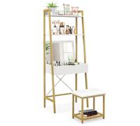 HOMASIS Mesa de Tocador con Taburete Acolchado, Tocador de Maquillaje con Espejo Reversible, Escritorio con estantes Dobles y 4 Compartimentos Ocultos, 64,5x39,5x164,5 cm (Blanco + Oro)