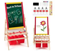 HOMASIS Pizarra infantil 3 en 1 de doble cara, caballete de madera con pizarra y pizarra blanca, caballete infantil de altura ajustable con papel de dibujo y 2 cajas de almacenamiento, pizarra para