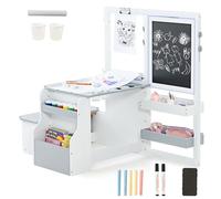 HOMASIS Pizarra para niños con caballete ajustable a doble, juego de mesa y banco con estantería, caballete pintura para niños de casa, guardería (gris + blanco)