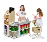HOMASIS Supermercado Juguete con Carrito, Tienda Infantil con Pizarra, Caja registradora, escáner, Lector de Tarjetas, Tarjeta de crédito, Juego de rol para niños de 3+ años, 90x62x111cm, Amarillo