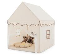 HOMASIS Tienda de campaña Infantil, Casita de Juegos Infantil con Techo y Ventanas Acolchados, Castillo de Juegos de Madera Maciza, para Interior, niños y niñas, 120x105x140cm (Modelo 2, Beige)