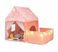 HOMASIS Tienda de Campaña Infantil con Corralito Lateral 2 en 1，Rosa | Tipi Infantil con Parque Infantil, Colchonetas, Luz Estrella, Tela Franela Brillante, Cortina y Ventana para Niños 3+ Años