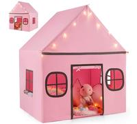HOMASIS Tienda de Campaña Infantil con Luces de Estrellas y Alfombra Acolchada, Tipi para Niños con 4 Ventanas y Cortina 3+ Años (Rosa + Gris)
