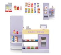 HOMASIS Tienda Infantil de comestibles, Tienda de Madera con mostrador Lateral, Juego de supermercado con Caja registradora, TPV, Máquina expendedora, para niños de 3 a 8 años (Violeta, 89x57x80 cm)