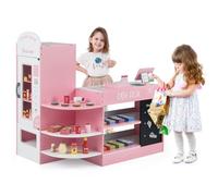 HOMASIS Tienda Infantil de comestibles, Tienda de Madera con mostrador Lateral, Juego de supermercado con Caja registradora, TPV, Máquina expendedora, para niños de 3 a 8 años (Rosa 89x57x88)