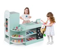 HOMASIS Tienda Infantil de comestibles, Tienda de Madera con mostrador Lateral, Juego de supermercado con Caja registradora, TPV, Máquina expendedora, para niños de 3 a 8 años (Verde Claro 89x57x88)