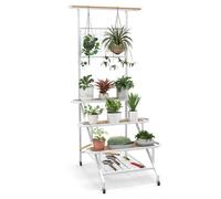 HOMASIS Trepador para Plantas de 4 Niveles con Ruedas, Escalera metálica con Enrejado y Barra para Colgar, Estantería multifuncional para jardín, balcón, terraza, patio, 85x80x175cm, Blanco