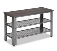 HOMASIS Zapatero de 3 niveles con asiento, zapatero con 2 estantes de rejilla, zapatero de metal y madera, banco con 4 almohadillas para pies, estante de almacenamiento de diseño industrial para