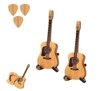 Homaskylynn Wooden Acoustic Guitar Pick Box with Stand, Wooden Guitar Picks Case with 3 Guitar Picks, Small Guitar Picks, Guitar Pick Holder Shaped Like Guitar(2pcs)
