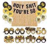 HOMAVEL Juego de decoraciones de cumpleaños número 50, color negro y dorado, divertida pancarta "Holly Shit You RE 127.0 cm, 2 cortinas de flecos de oro champán, 12 globos y 8 gafas de accesorios para