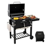 HOMAVO Barbacoa de Carbón, Parrilla con Tapa de Acero de 56×42,5 cm, Bandeja Ajustable en Altura, Mesa Lateral Plegable, Incluye Funda