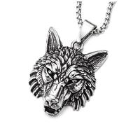 Hombre Acero Inoxidable Cabeza de Lobo Colgante Collar Nórdico Vikingo Amuleto Fenrir Lobo Vintage, Cadena de Trigo 75CM
