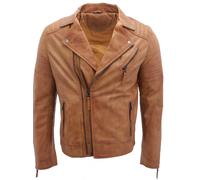 Hombre Bronceado Ajustado Brando Double Cross Zip 100% Cuero Chaqueta Biker