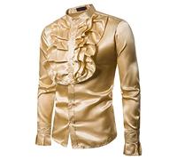 Hombre Camisa de Vestir Camisa Vintage de Volantes con Manga Larga y Cuello Henley Hombre Blusa Brillante Esmoquin de Fiesta Camisa Ajustada Shirt Delgado Club Ceremonia Graduación (Dorado, M)