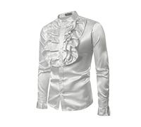 Hombre Camisa de Vestir Camisa Vintage de Volantes con Manga Larga y Cuello Henley Hombre Blusa Brillante Esmoquin de Fiesta Camisa Ajustada Shirt Delgado Club Ceremonia Graduación (Blanco, XL)