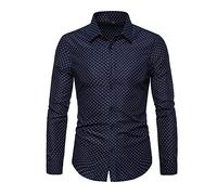 Hombre Camiseta de Manga Larga Casual Formales Clásico con Botones Camisas de Vestir Cuello de Manga Ropa Camisas Vestir Slim Camisa de Popelina T-Shirt Golf Camisa de Lunares Azul Oscuro 4XL