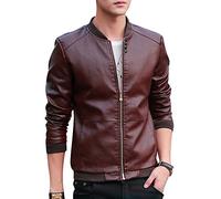Hombre Chaqueta Cazadora Imitación De PU Piel Manga Larga Chaquetas De Moto Chaqueta Lisa Rojo XL