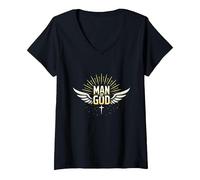 Hombre de Dios: Radiant Faith Wings Inspirational Camiseta Cuello V, Mujer, Negro, XXL