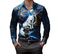 Hombre Divertido Animal Gráfico Casual Camisas Lobo Aullando Luna 3D Impreso Manga Larga Solapa Botones Camisa Moda Vacaciones Tops