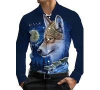 Hombre Divertido Animal Gráfico Casual Camisas Lobo Aullando Luna 3D Impreso Manga Larga Solapa Botones Camisa Moda Vacaciones Tops