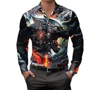 Hombre Divertido Animal Gráfico Casual Camisas Lobo Aullando Luna 3D Impreso Manga Larga Solapa Botones Camisa Moda Vacaciones Tops