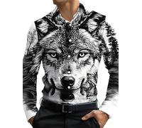 Hombre Divertido Animal Gráfico Casual Camisas Lobo Aullando Luna 3D Impreso Manga Larga Solapa Botones Camisa Moda Vacaciones Tops