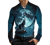 Hombre Divertido Animal Gráfico Casual Camisas Lobo Aullando Luna 3D Impreso Manga Larga Solapa Botones Camisa Moda Vacaciones Tops
