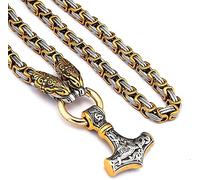 Hombre Dragon Head Thor Hammer Collares Viking Mjolnir Amuleto Colgante, Runas Nórdicas Hechas Hecho A Mano Cadena Reino de Acero Inoxidable Dorado, Celtic Viking Jewelry(70CM)