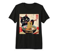 Hombre Gato Negro japonés Hambriento Angustia Comiendo Ramen Fideos Arte Camiseta Premium