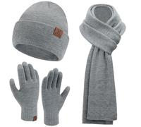 Hombre Invierno Termico Gorro Beanie Bufanda Larga Guantes Tactiles Conjunto Punto Acanalado para Mujer Hombre, Gris