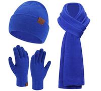 Hombre Invierno Termico Gorro Beanie Bufanda Larga Guantes Tactiles Conjunto Punto Acanalado para Mujer Hombre, Azul