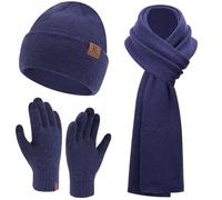 Hombre Invierno Termico Gorro Beanie Bufanda Larga Guantes Tactiles Conjunto Punto Acanalado para Mujer Hombre, Azul Marino
