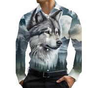 Hombre Lobo Aullando Luna Estampado Camisa Casual Manga Larga Botones Animal Estampado Corte Regular Solapa Cuello Camisas
