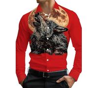 Hombre Lobo Aullando Luna Estampado Camisa Casual Manga Larga Botones Animal Estampado Corte Regular Solapa Cuello Camisas