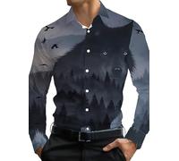 Hombre Lobo Aullando Luna Estampado Camisa Casual Manga Larga Botones Animal Estampado Corte Regular Solapa Cuello Camisas