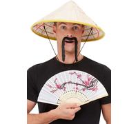 Hombre Mujer Adulto Chino Coolie Oriental Sombrero Disfraz+Ventilador+Bigote