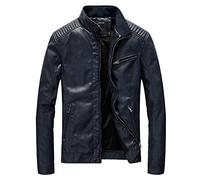 Hombre Ocio Delgado Abrigo Motocicleta Cremallera Cuero Chaqueta Color Sólido Azul Marino 1 M