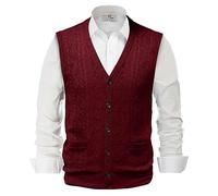 Hombre Otoño E Invierno Chaleco De Suéter Con Una Sola Hebilla Chaleco Con Cuello En V Camisa Sin Cuello De Lana De Color Tipo De Cuerpo Combinado Chaleco De Bolsillo Sin Capucha (Red, 2XL/120)