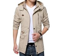 Hombre Parka con Capucha Espesar Calor Forro Chaqueta Abrigo Color Sólido Caqui M