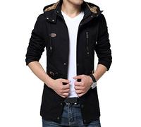 Hombre Parka con Capucha Espesar Calor Forro Chaqueta Abrigo Color Sólido Negro L