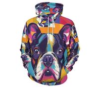 Hombre Sudadera con Capucha 3D Lindo Boston Terrier Impresión Hoodie Pullover Manga Larga Cuadrados De Colores Otoño Deportiva Suelta Jersey con Bolsillo