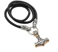 Hombre Thor's Hammer Wolf Head Necklace, Norse Viking Mythology Odin Mjolnir Talisman Colgante, Vintage Hecho A Mano Cuero Fenrir Cadena Negra Joyería(Mixed Gold,50CM)