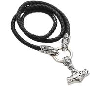Hombre Thor's Hammer Wolf Head Necklace, Norse Viking Mythology Odin Mjolnir Talisman Colgante, Vintage Hecho A Mano Cuero Fenrir Cadena Negra Joyería(A Silver,50CM)