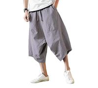 Hombre Verano Pantalones de Lino Sueltos Pantalón con Bolsillos Cordón 3/4 Longitud Pants Casuales Transpirable Cómodo Bermuda Carga Pantalones Cortos Gris XXXL