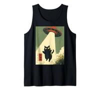 Hombre Vintage japonés lindo gato extraterrestre OVNI secuestro gráfico kawaii Camiseta sin Mangas