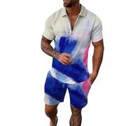 Hombres 29 Rayas Gradiente Rampa Imprimir Dos Piezas Cremallera Manga Corta Blusa Cordón Bolsa Corto Conjunto Casa Dinero, Blanco, S