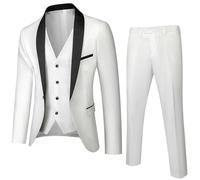 Hombres 3 piezas Slim Fit Traje One Point Snap Color sólido Chaleco Pantalones Conjunto Boda Negocios Smoking, blanco, S