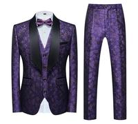 Hombres 3 Piezas Traje de Patrón Floral Conjuntos de los hombres de la fiesta de la boda social de negocios Jacquard Tuxedo Chaleco Pantalones, púrpura;, 6X-Large