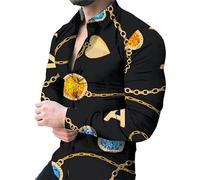 Hombres 3D Camisa con Estampado Barroco Moda Vintage Trending Cadena Patrón Camiseta Retro Slim Fit Camisas de Manga Larga Turn-Down Cuello Blusa